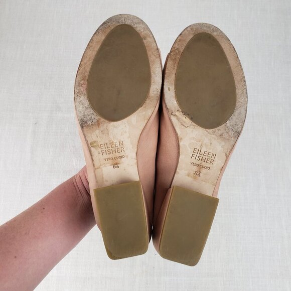 Eileen Fisher Katniss Peep Toe Mules Nude Nubuck Leather Block Heel Size 8.5 - Picture 4 of 10